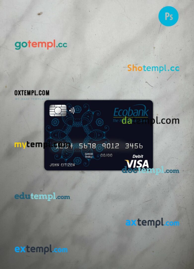 Benin Ecobank visa card PSD scan and photo-realistic snapshot, 2 in 1