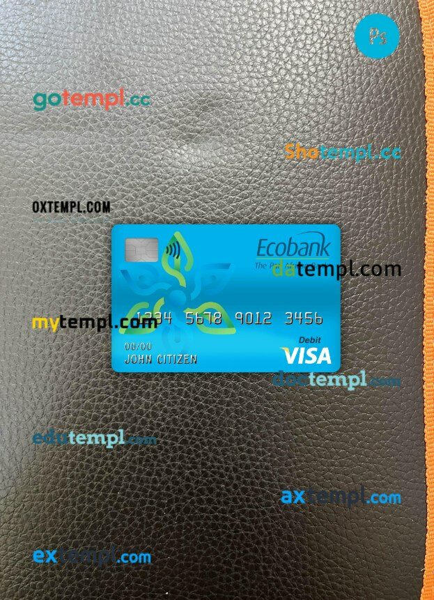 Cameroon Ecobank bank visa debit card PSD scan and photo-realistic snapshot, 2 in 1