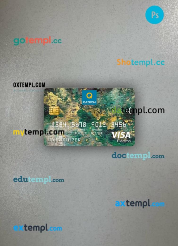 Kazakhstan Qazkom bank JCB bank visa electron card PSD scan and photo-realistic snapshot, 2 in 1