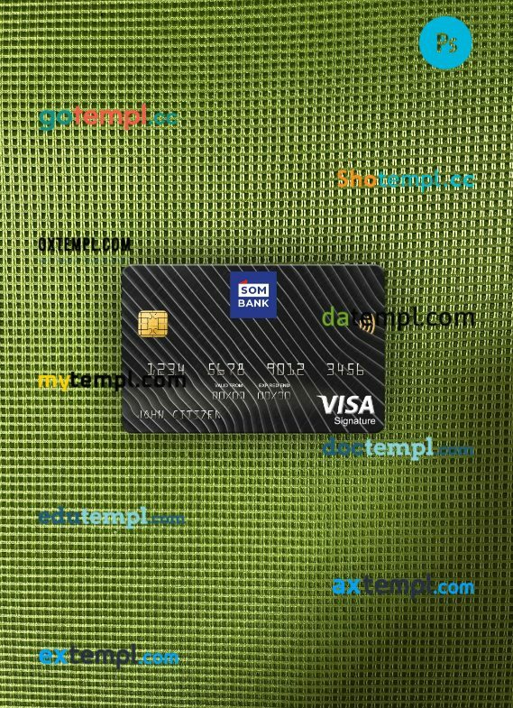 Somalia Sombank visa signature card PSD scan and photo-realistic snapshot, 2 in 1