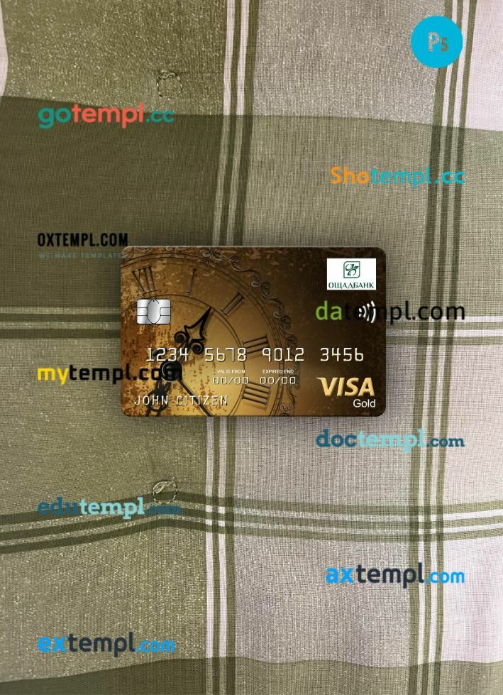 Ukraine Oshadbank visa gold card PSD scan and photo-realistic snapshot, 2 in 1