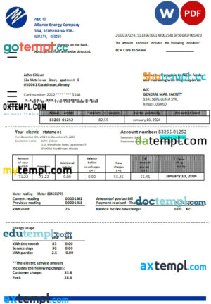 Kazakhstan Alliance Energy Company (AEC) utility bill Word and PDF template