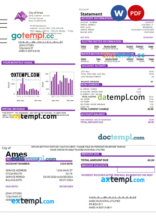 USA Iowa City of Ames utility bill Word and PDF template