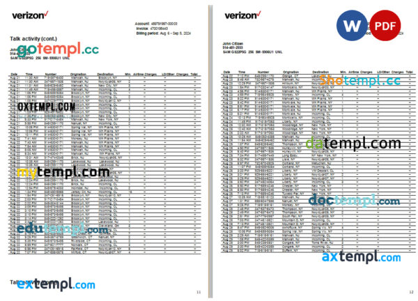 USA New Jersey Verizon utility bill Word and PDF template, 15 pages