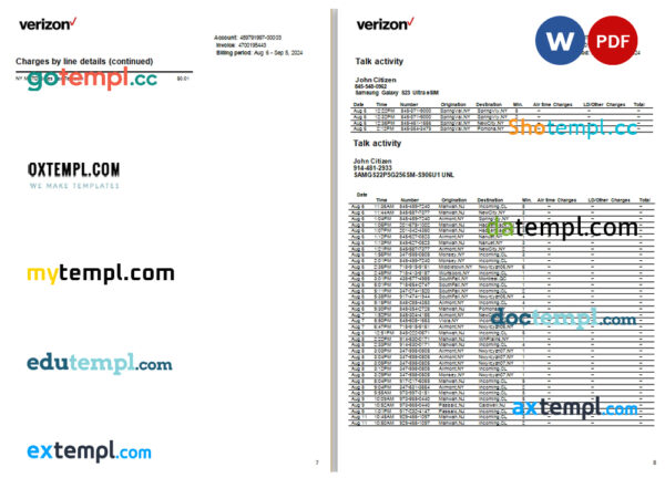 USA New Jersey Verizon utility bill Word and PDF template, 15 pages