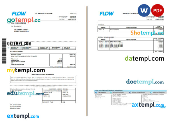 Jamaica Flow tax invoice cable and internet bill Word and PDF template, 2 pages