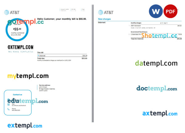 Saint Lucia internet utility bill Word and PDF template, 3 pages