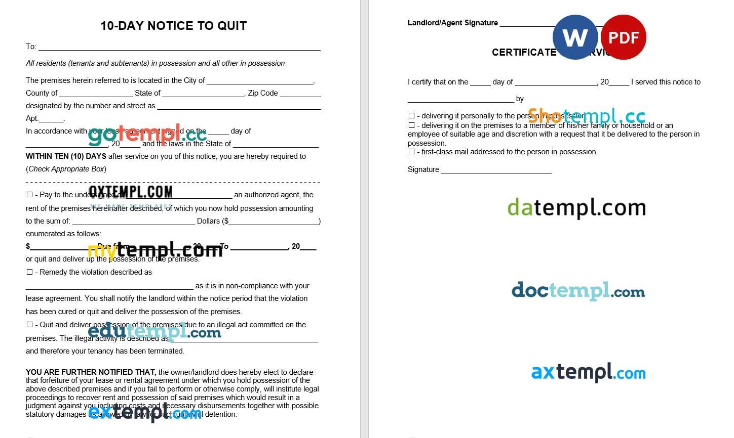 10-Day Eviction Notice to Quit Form agreement Word example