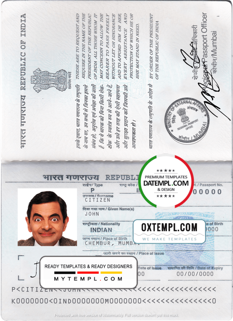 Indian passport example in PSD format, fully editable, with all fonts (2013 - present)