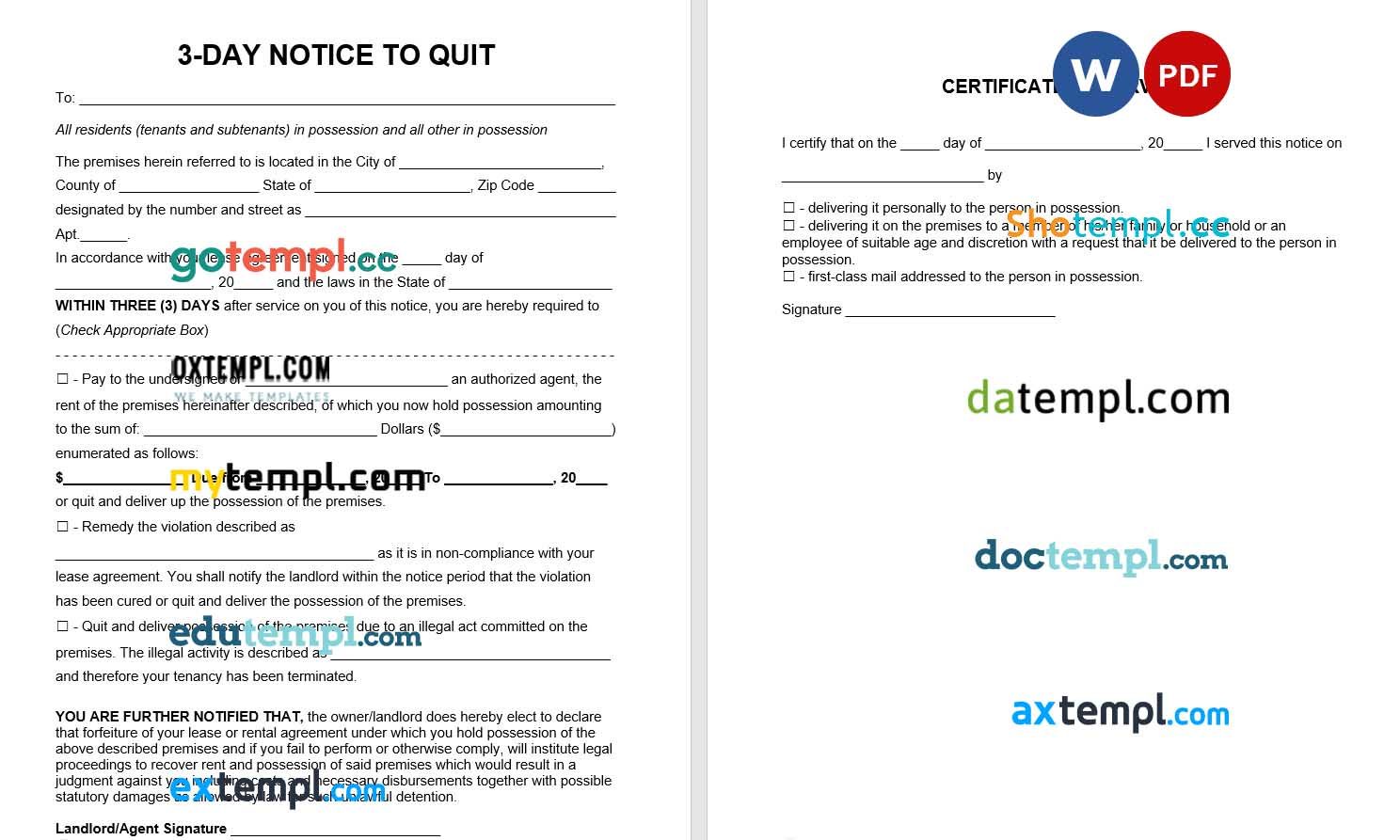 3-Day Eviction Notice to Quit Form agreement Word example