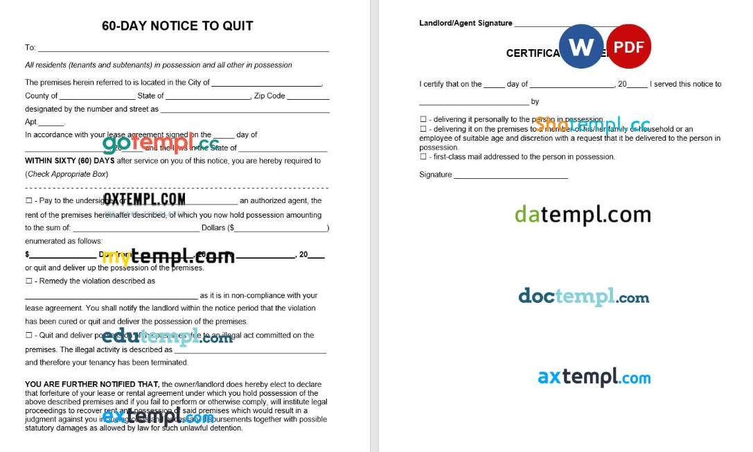 60-Day Eviction Notice to Quit Form agreement Word example