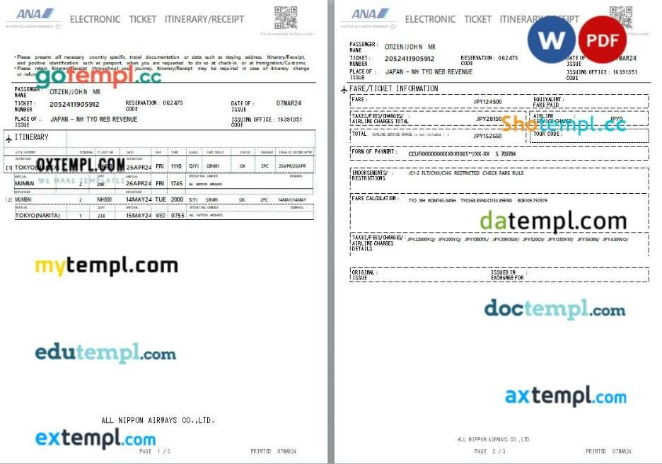 ANA airplane e-ticket, Word and PDF download template, 3 pages