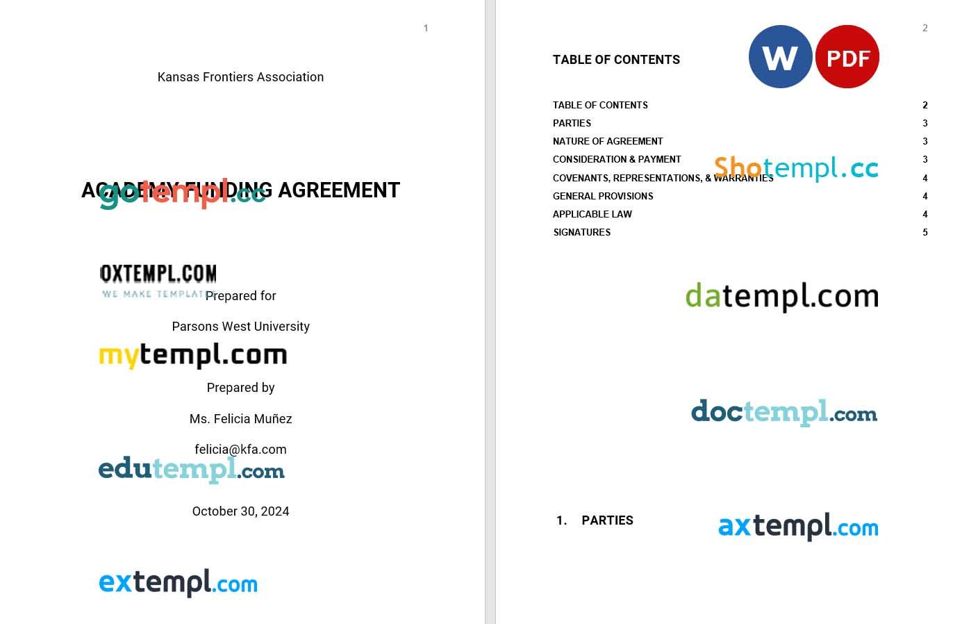 Academy Funding agreement Word example