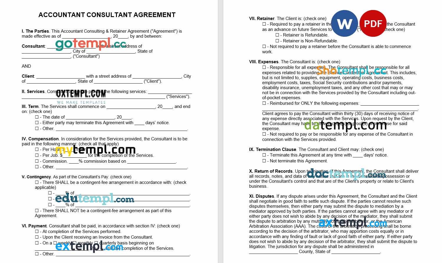 Accountant Consultant Service agreement Word example