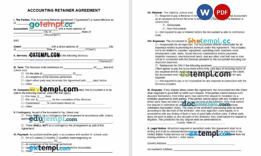 Accounting Retainer Agreement Word example, fully editable