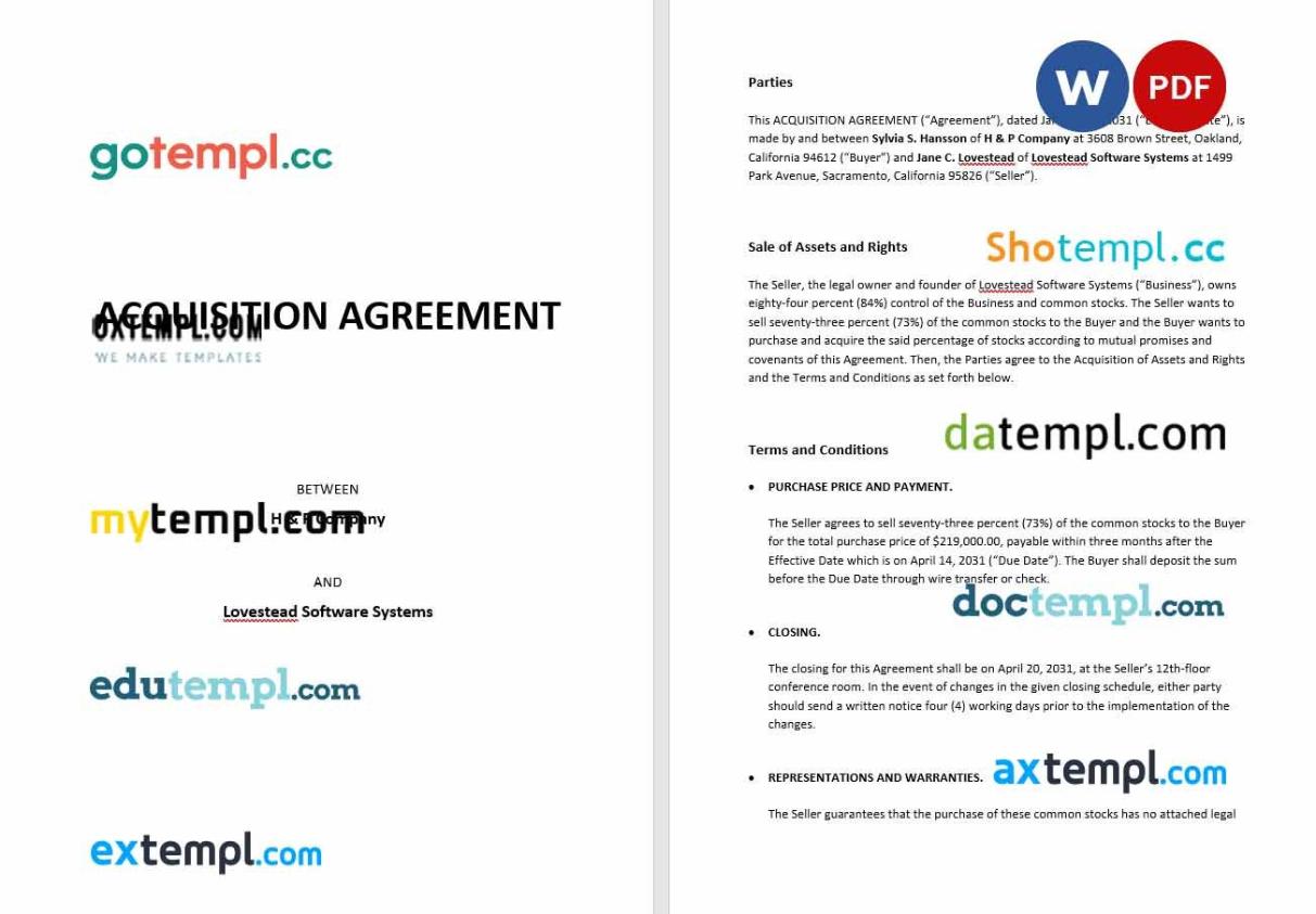 Acquisition Agreement agreement Word example, fully editable