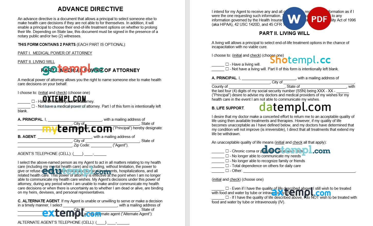 Advance Directive agreement Word example, fully editable