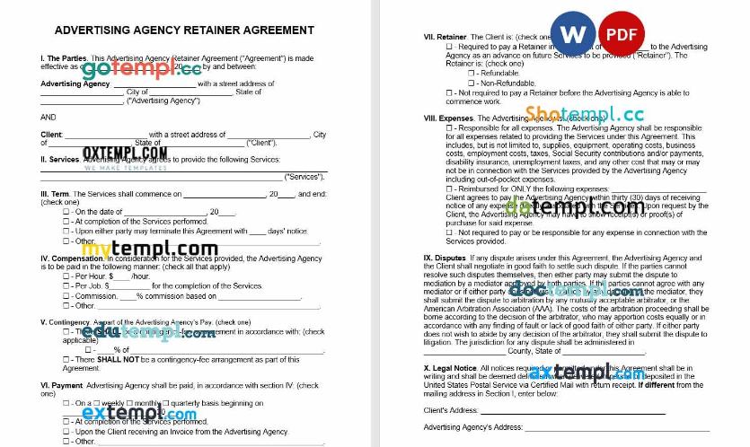 Advertising Agency Retainer agreement Word example