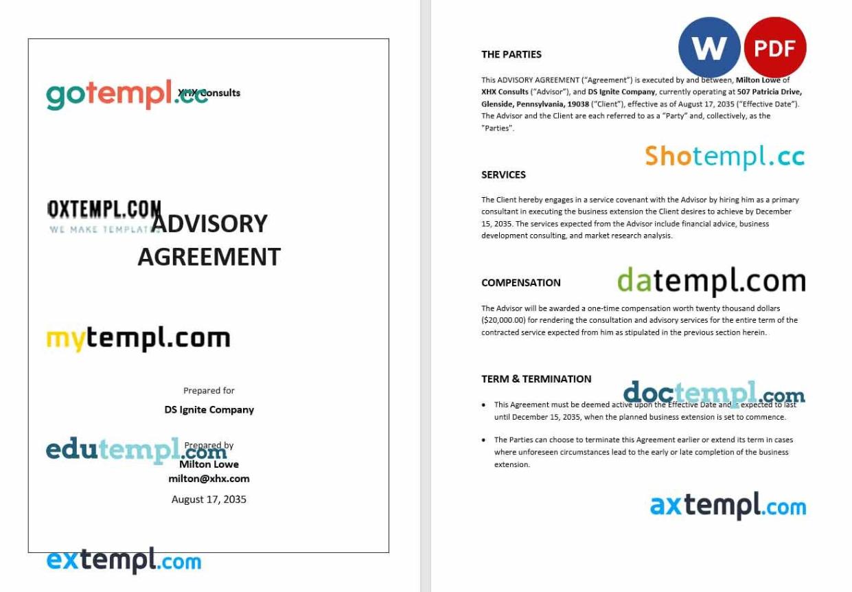 Advisory Agreement Word example, fully editable