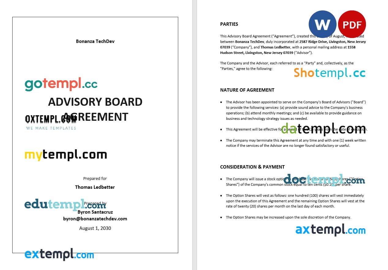 Advisory Board Agreement Word example, completely editable