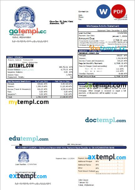 Afghanistan Da Afghanistan Bank mortgage statement, editable template in PDF and Word