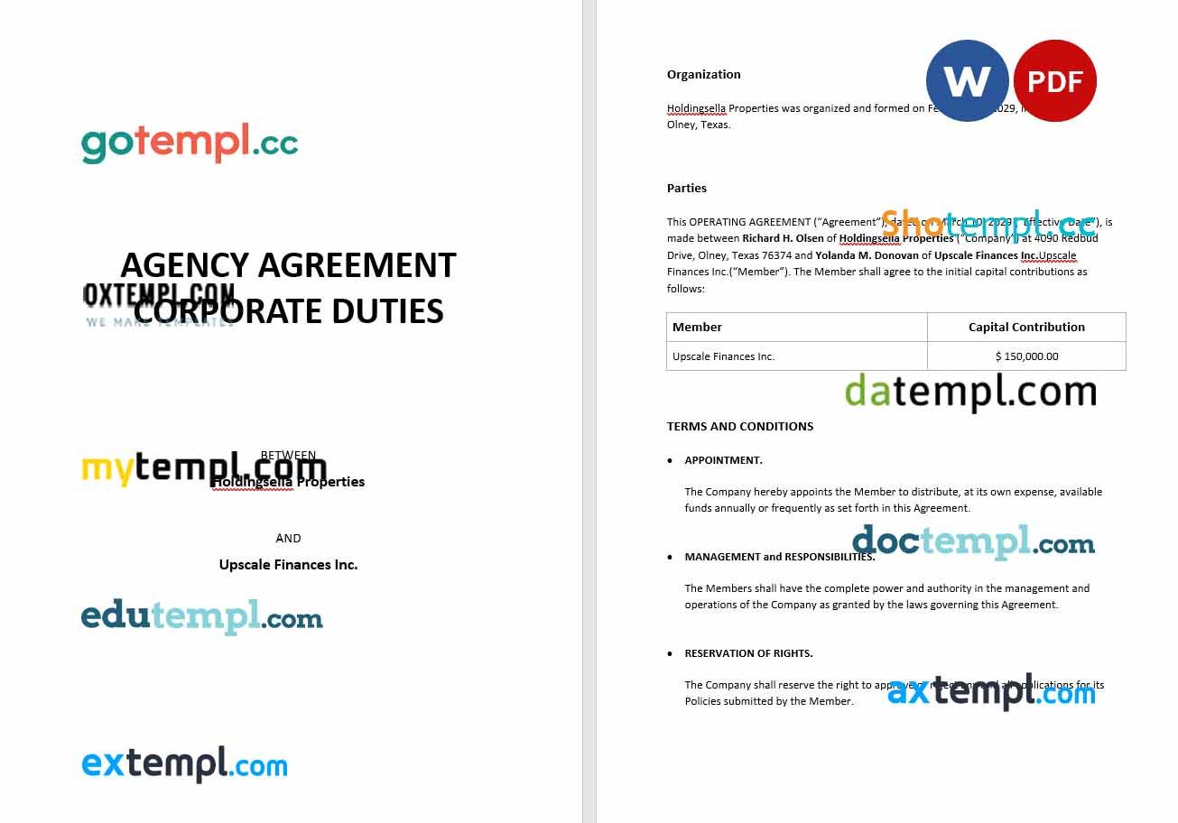 Agency Agreement Corporate Duties Word example, fully editable