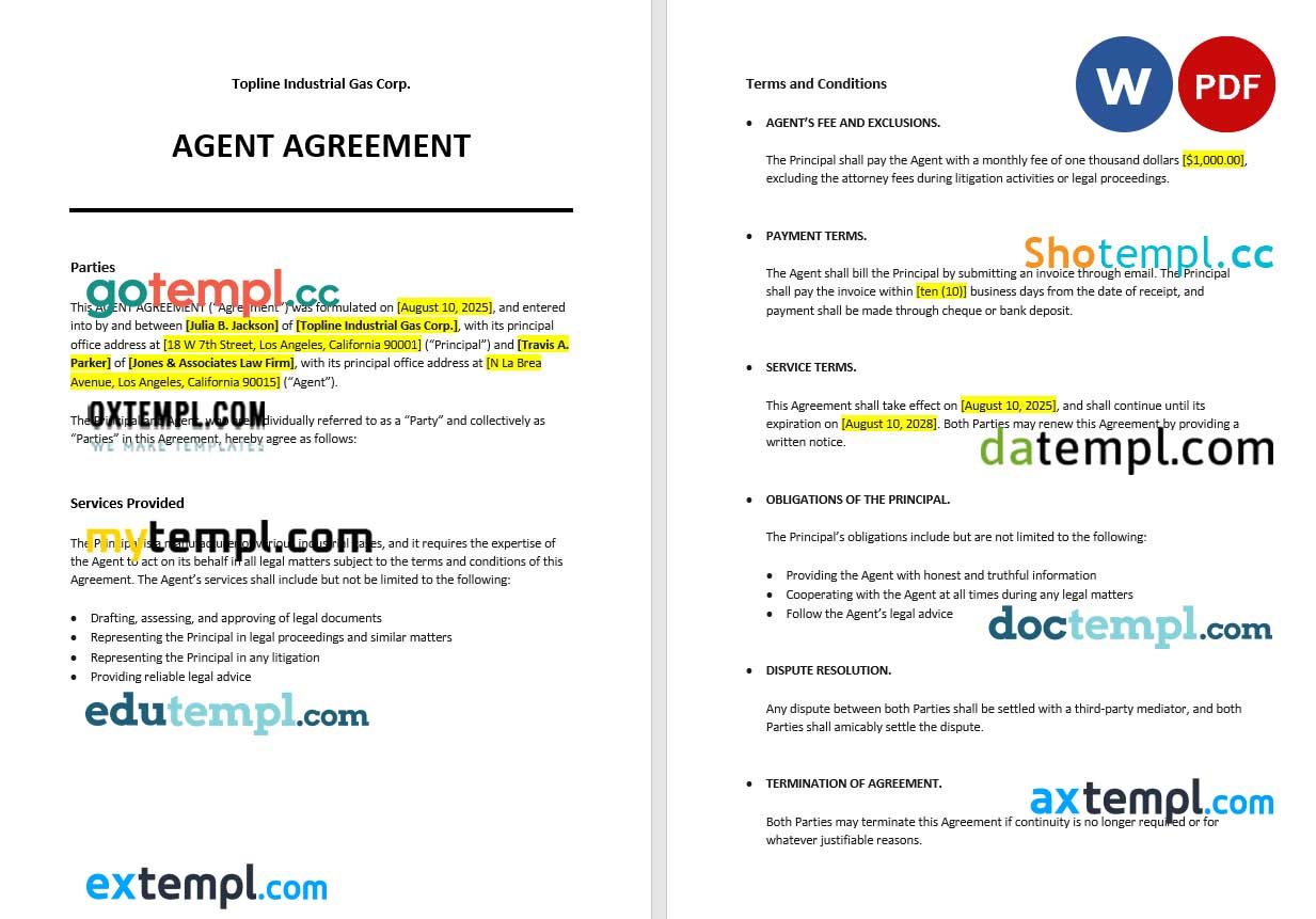 Agent Agreement Word example, fully editable