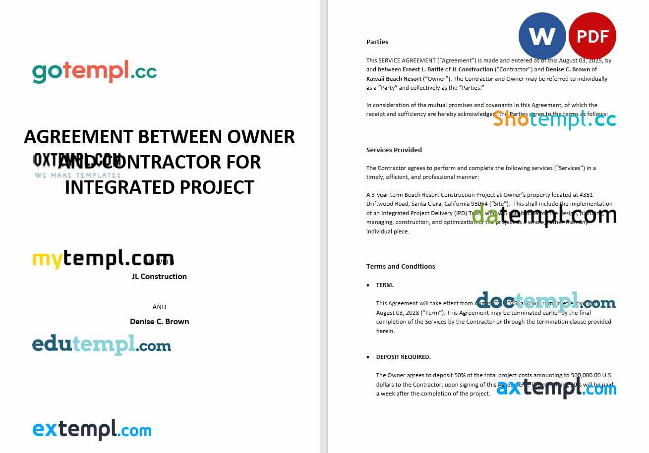 Agreement Between Owner and Contractor for Integrated Project Delivery Word example, completely editable