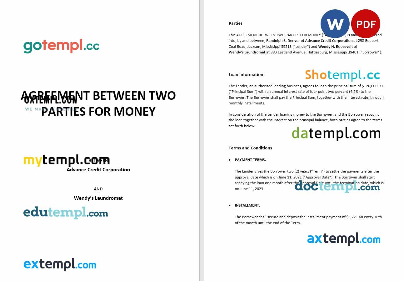 Agreement Between Two Parties for Money Word example, fully editable