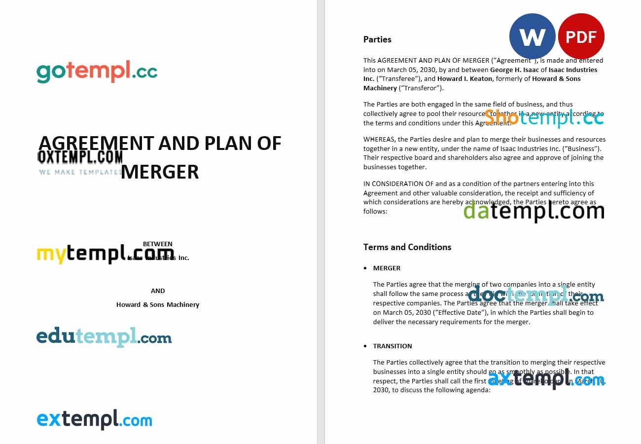 Agreement and Plan of Merger Word example, fully editable