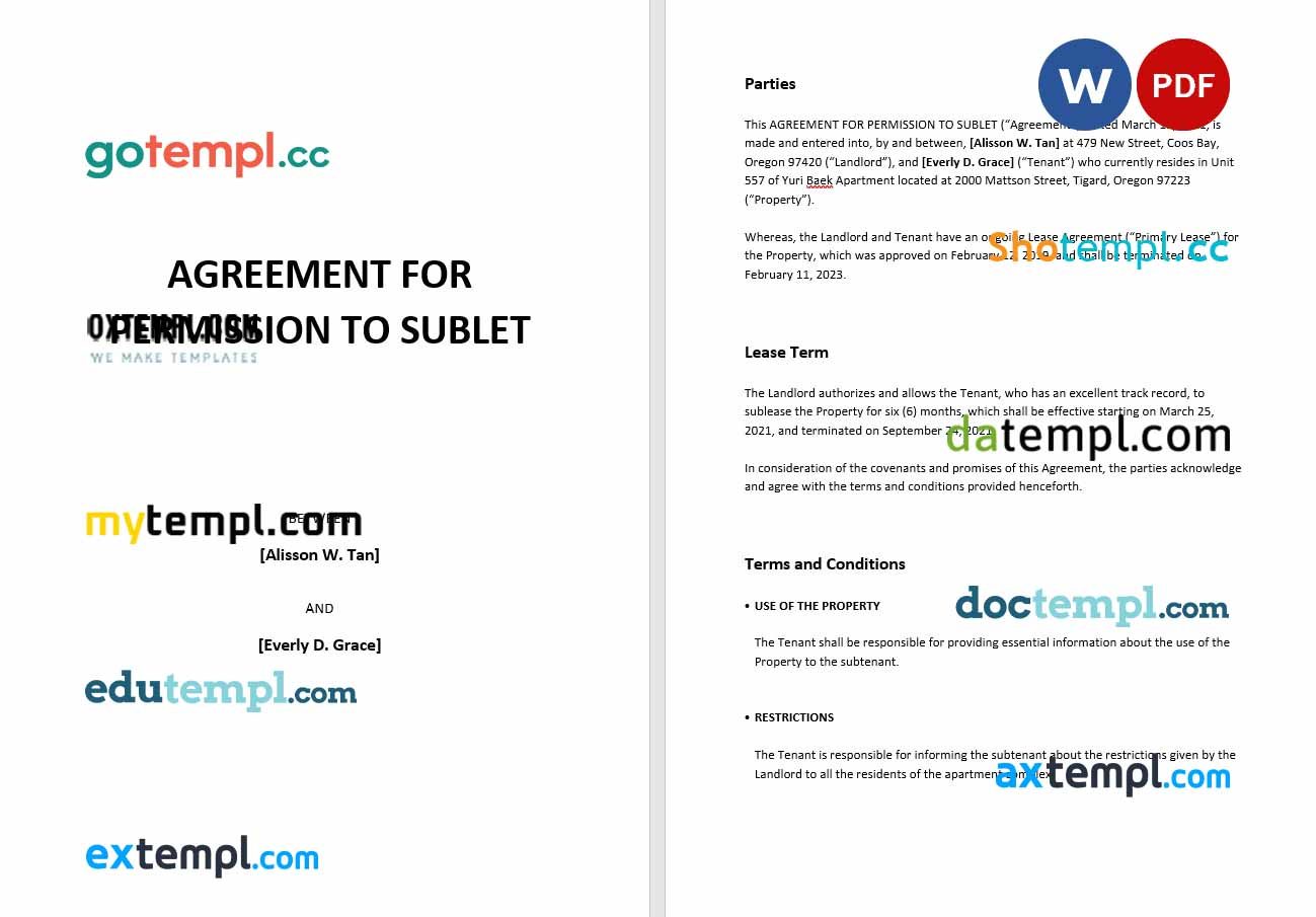 Agreement for Permission to Sublet Word example