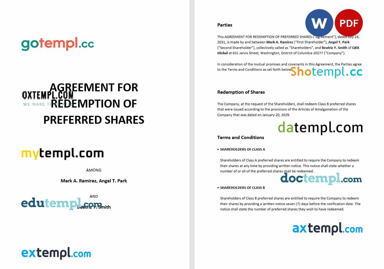 Agreement for Redemption of Preferred Shares Word example