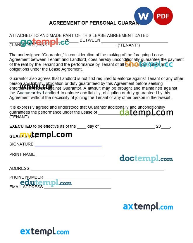 Agreement of Personal Guaranty Real Estate Word example