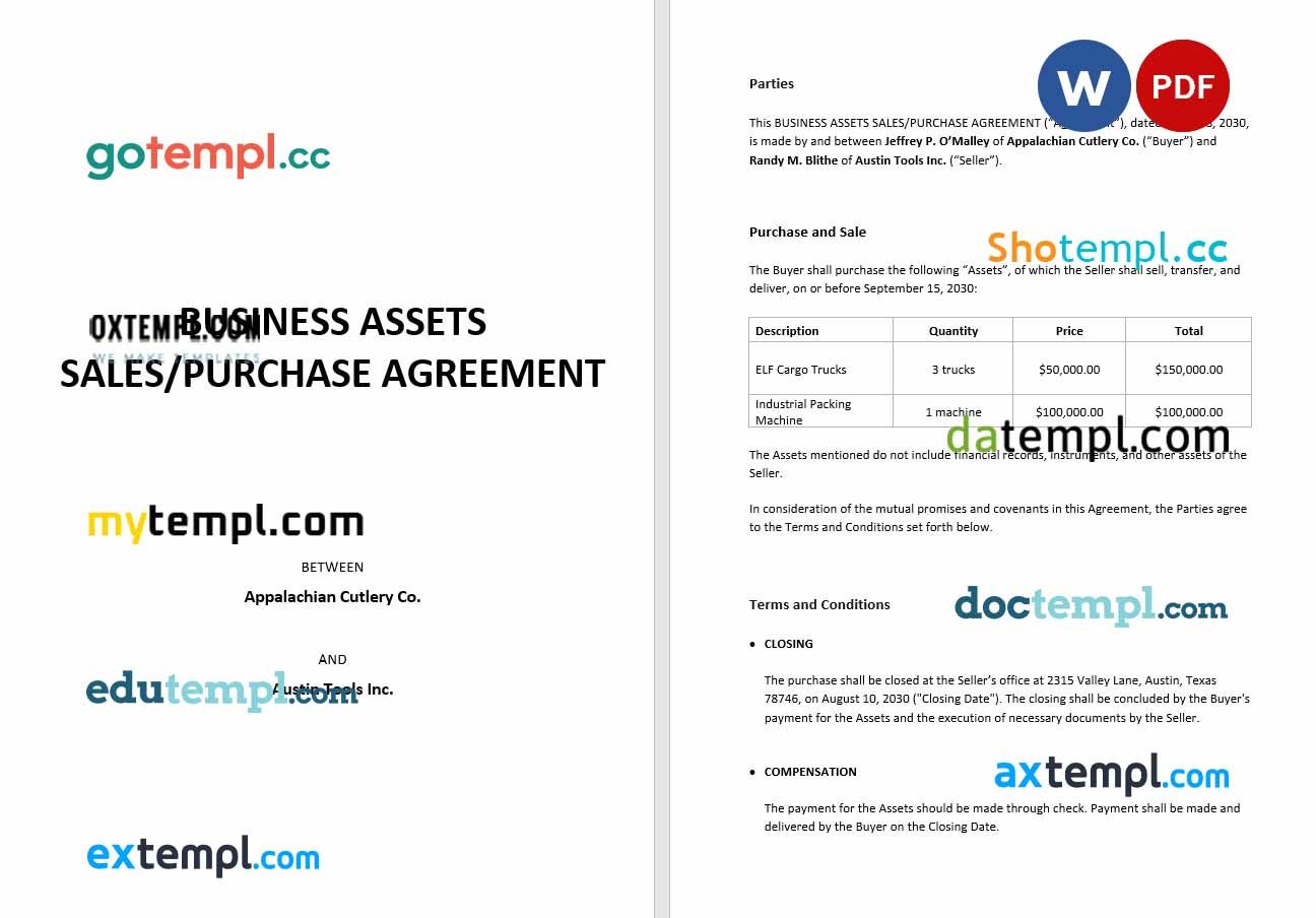 Agreement of Purchase and Sale of Business Assets Short Word example