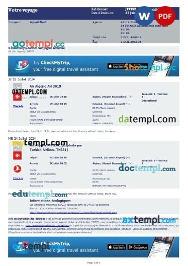 Air Algerie airplane e-ticket, Word and PDF download template