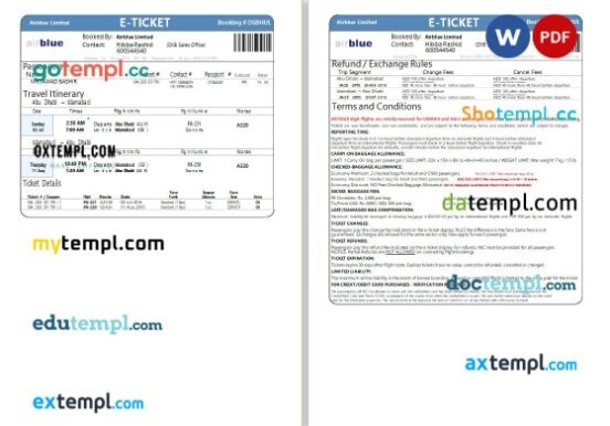 Airblue airplane e-ticket, Word and PDF download template, 2 pages