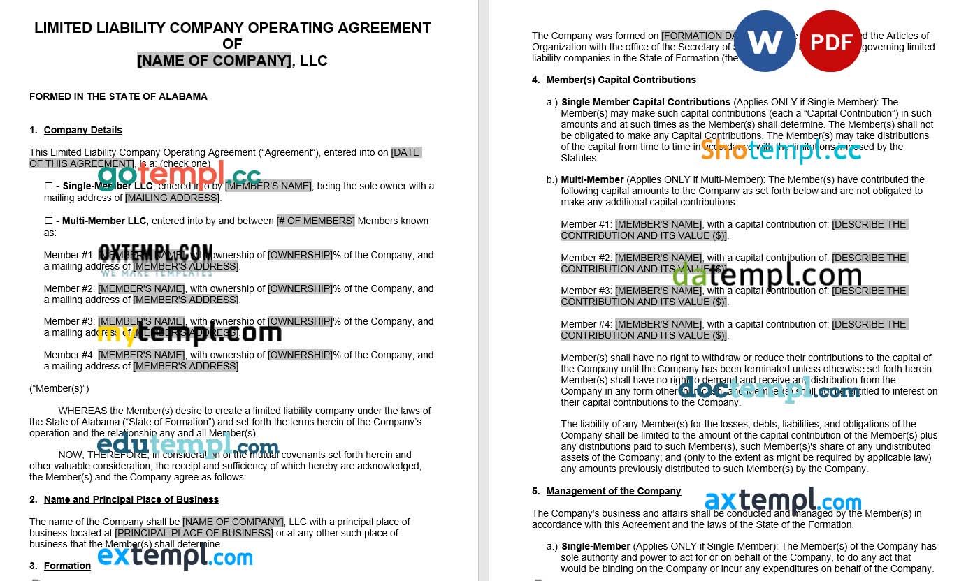 Alabama LLC Operating Agreement Word example, fully editable