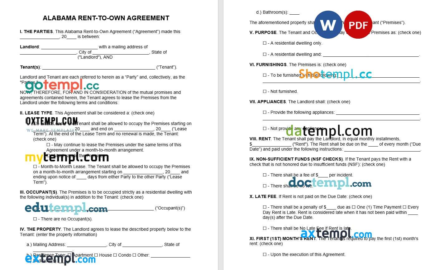 Alabama Lease to Own Option to Purchase Agreement Word example