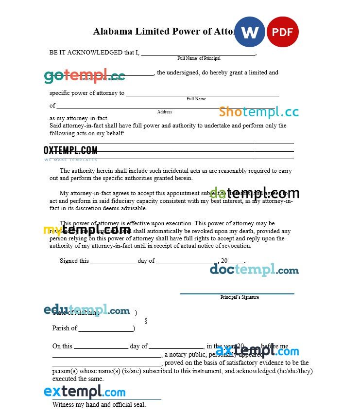 Alabama Limited Power of Attorney Form example, fully editable