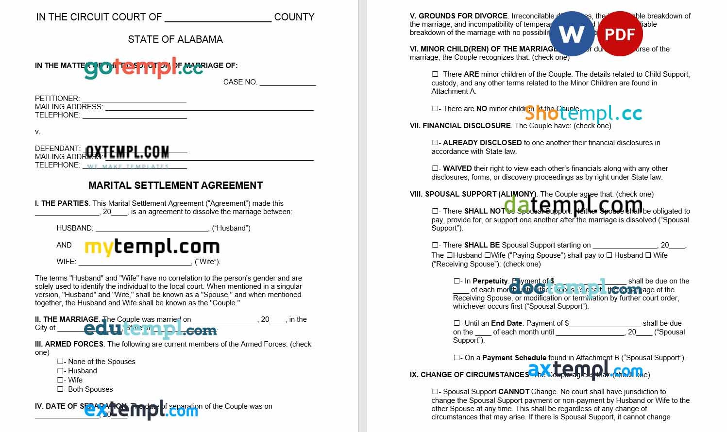 Alabama Marital Settlement word example, fully editable