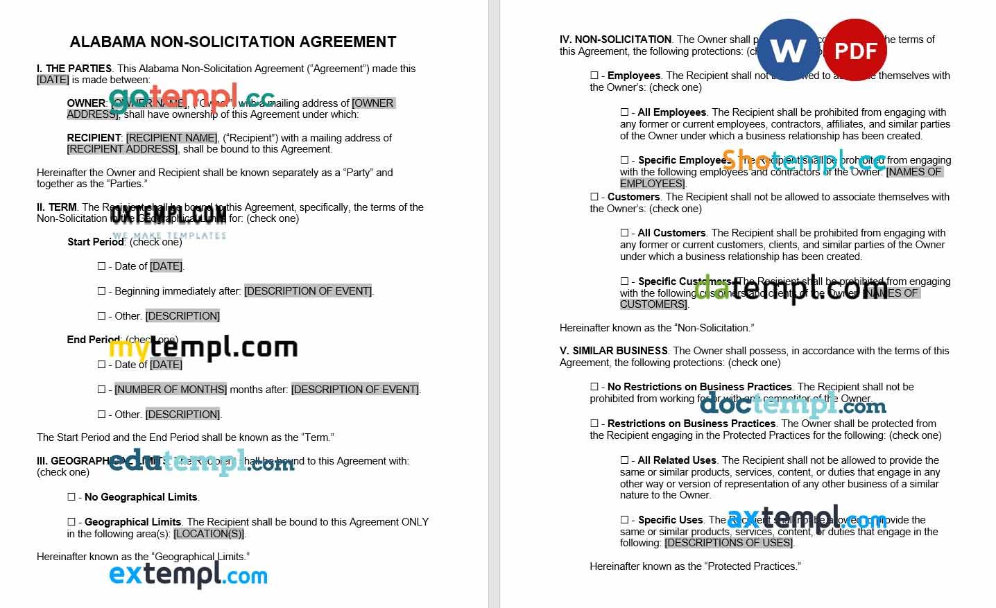 Alabama Non-Solicitation Agreement Word example, fully editable