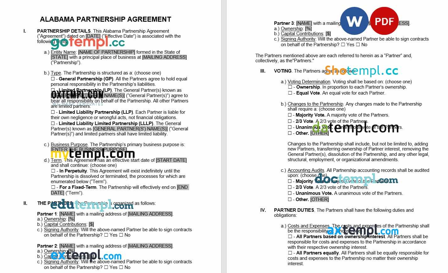 Alabama Partnership Agreement Word example, fully editable