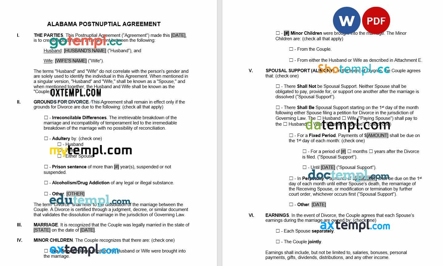 Alabama Postnuptial Agreement Word example, fully editable