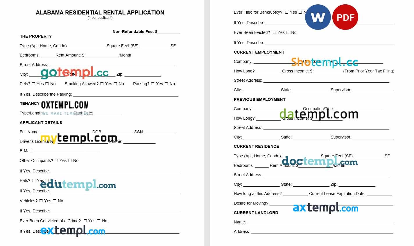 Alabama Rental Application Word example, fully editable