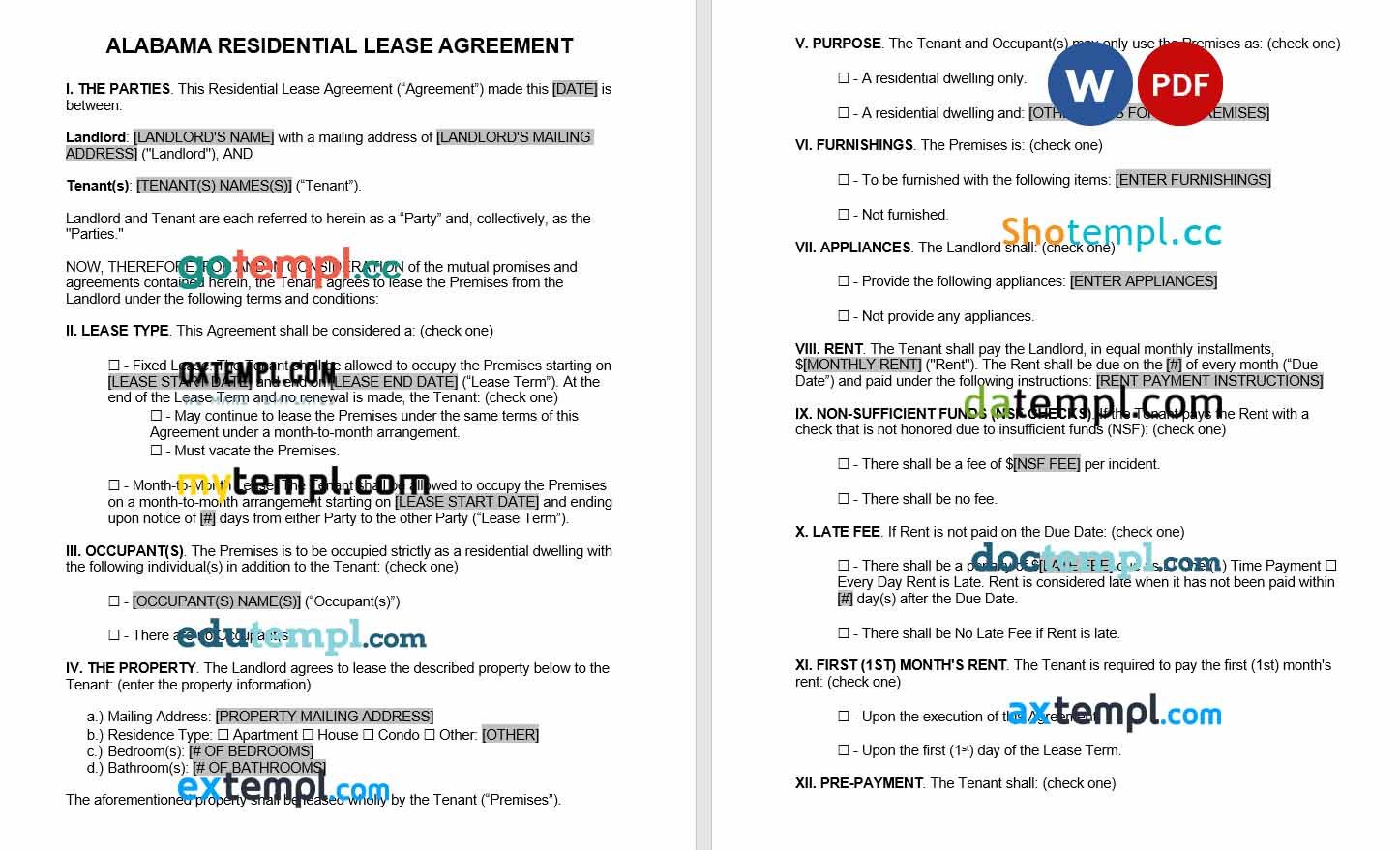 Alabama Residential Lease Agreement Word example, fully editable