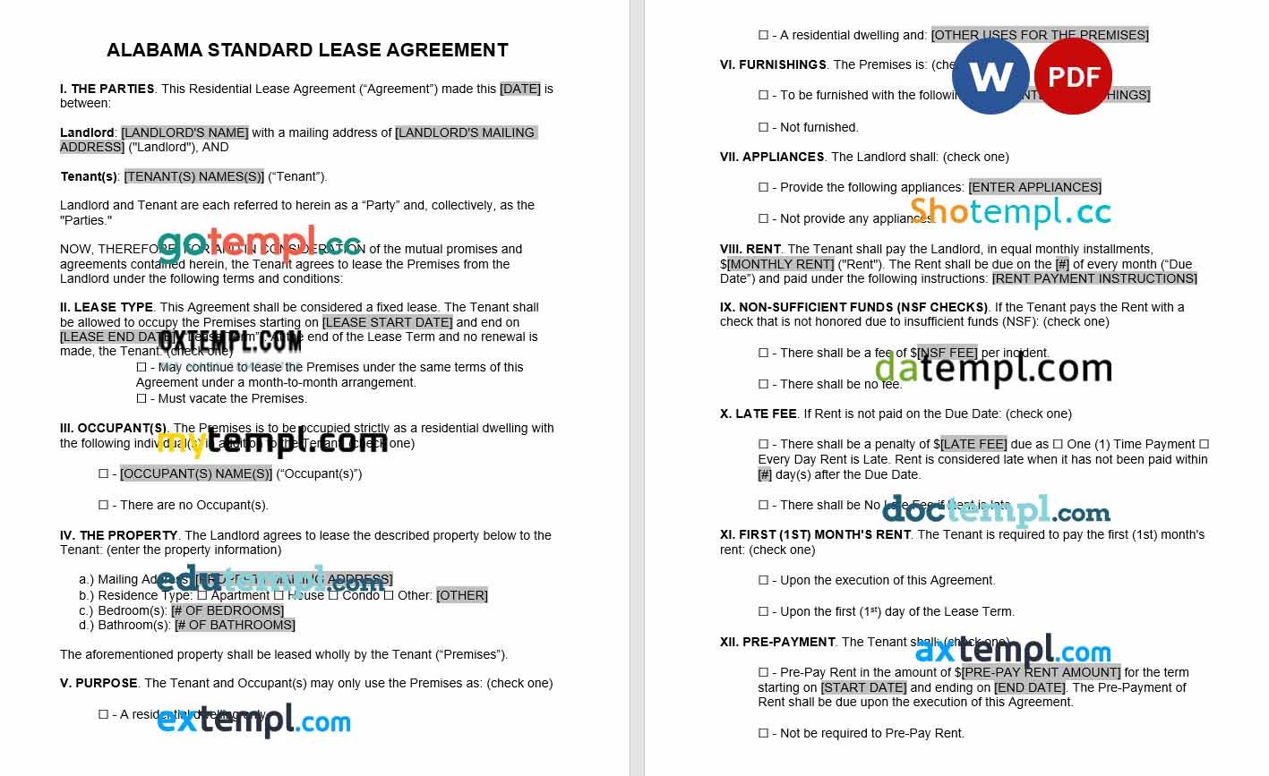 Alabama Standard Residential Lease Agreement Word example