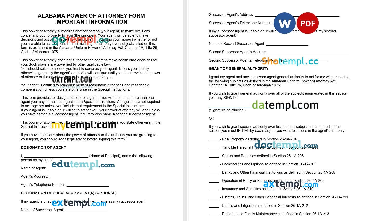 Alabama Statutory Durable Power of Attorney Form 1 example, fully editable