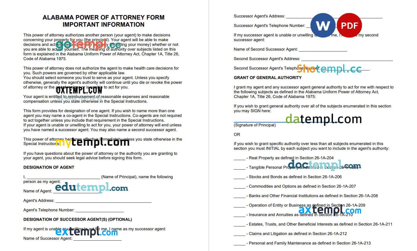 Alabama Statutory Durable Power of Attorney Form 2 example, fully editable