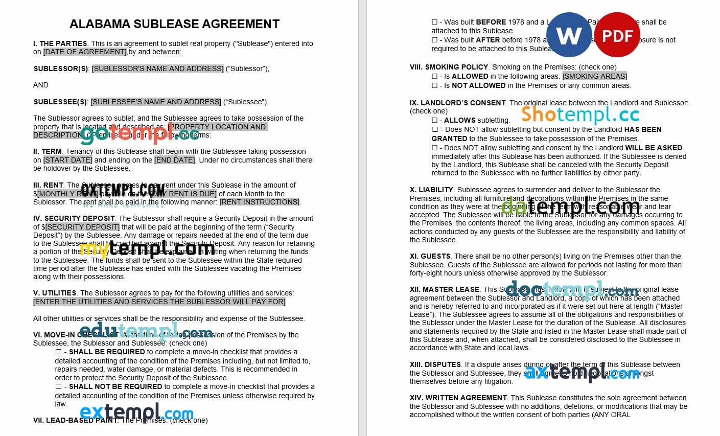 Alabama Sublease Agreement Word example, fully editable