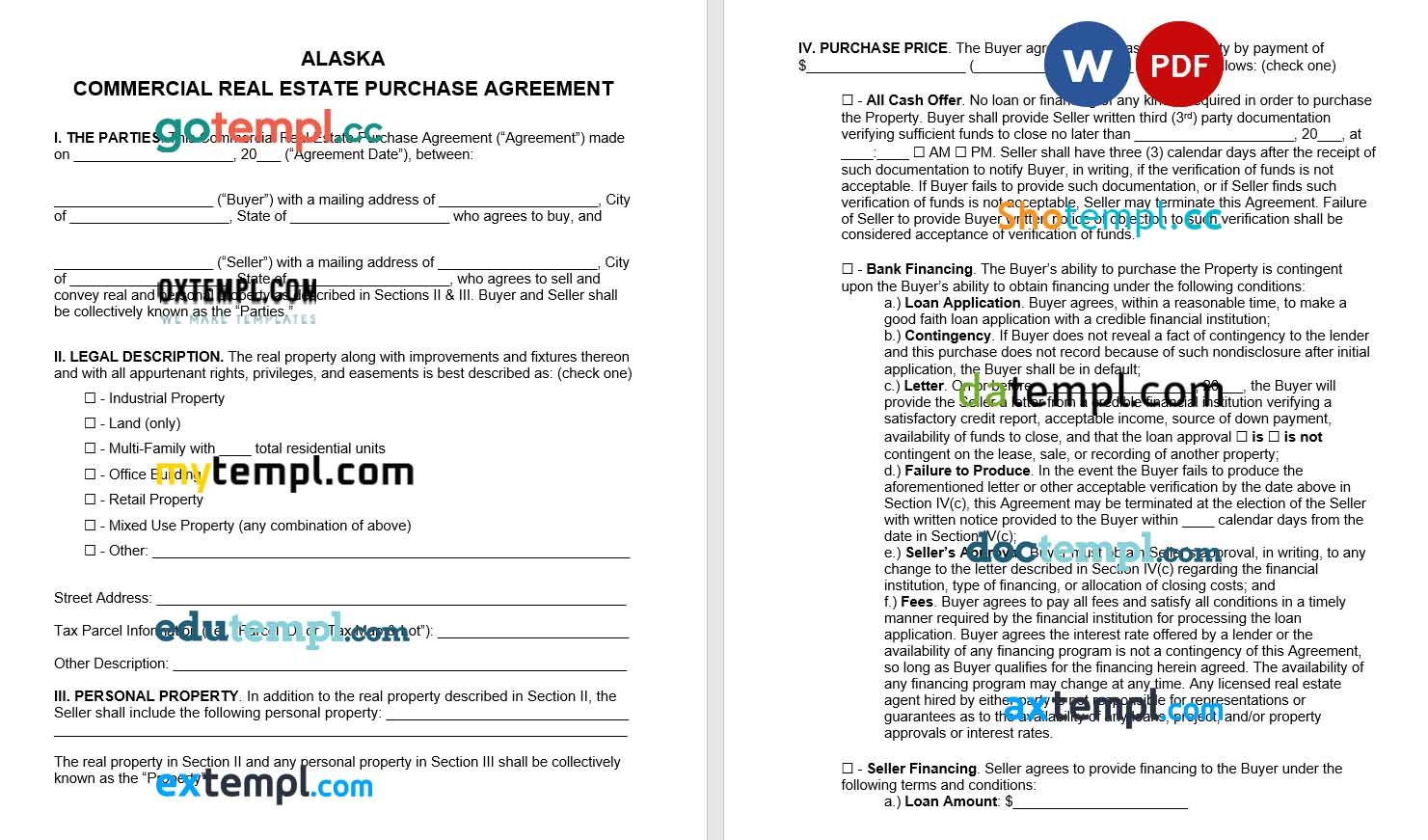 Alaska Commercial Real Estate Purchase Agreement Word example, completely editable